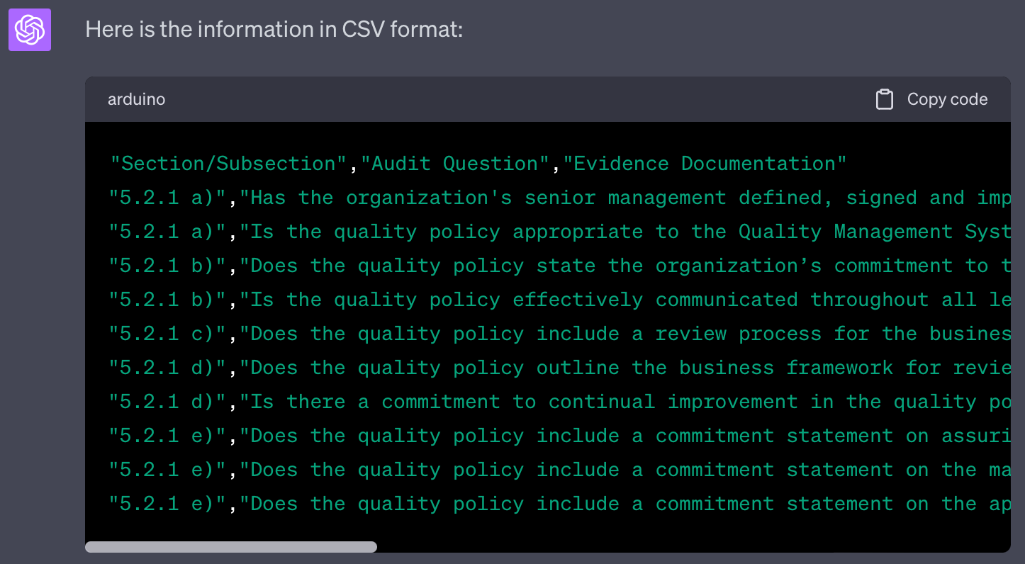 Result in CSV format as provided by ChatGPT